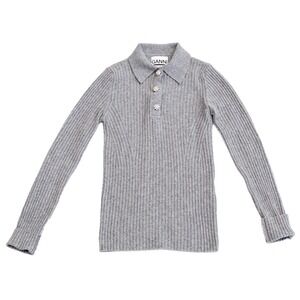 GANNI Ribbed Knit Polo Sweater Grey Wool Blend Crystal Buttons Size‎ XXS